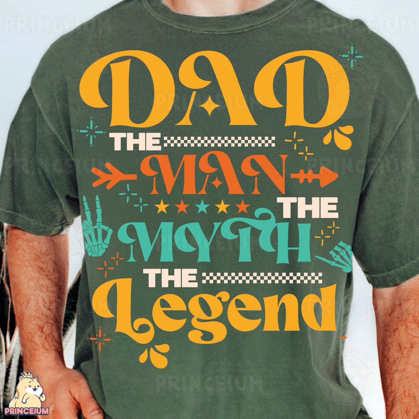 a man wearing a green shirt that says dad the pram the happy the ne