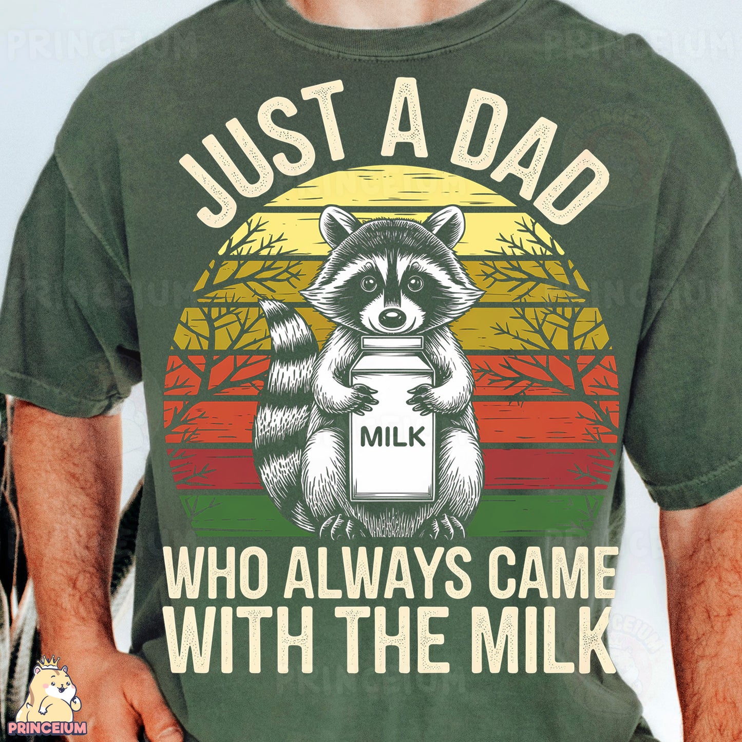 a man wearing a shirt that says just a dad who always came with the milk