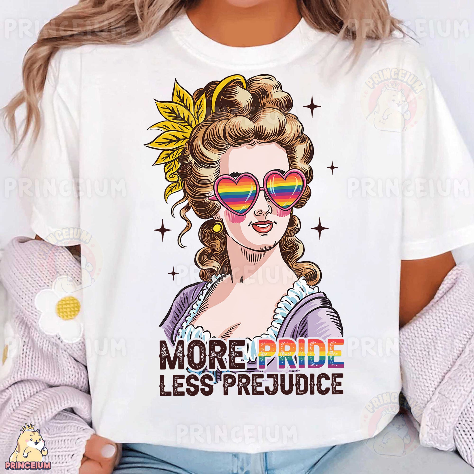 a woman wearing a t - shirt that says more pride less pride