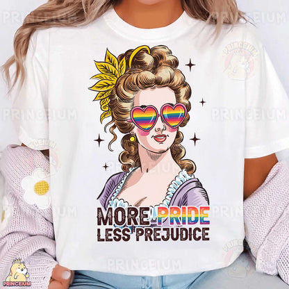 a woman wearing a t - shirt that says more pride less pride