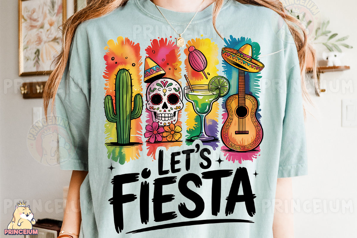 a woman wearing a t - shirt that says let's fiesta
