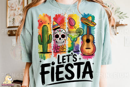 a woman wearing a t - shirt that says let's fiesta