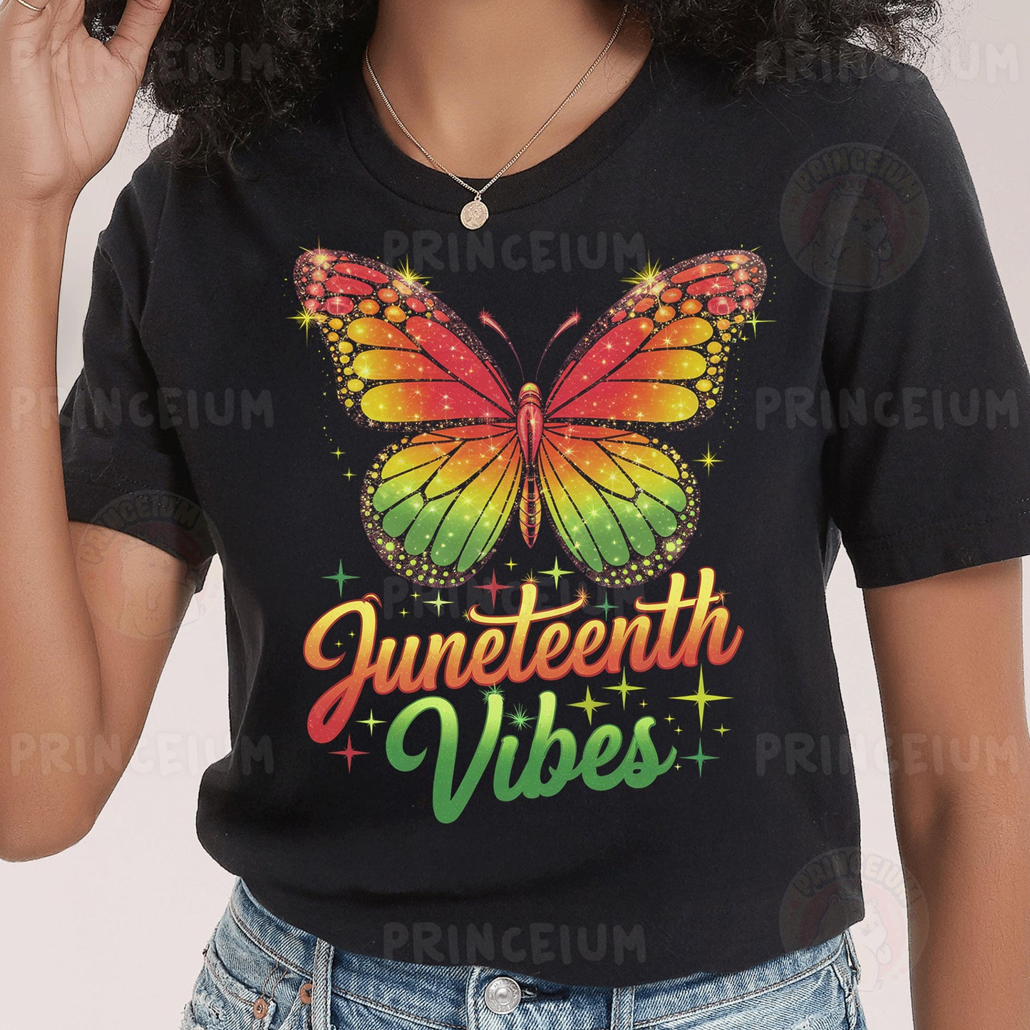 a woman wearing a black shirt with a butterfly on it