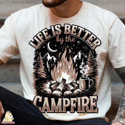 a man wearing a t - shirt that says life is better by the campfire