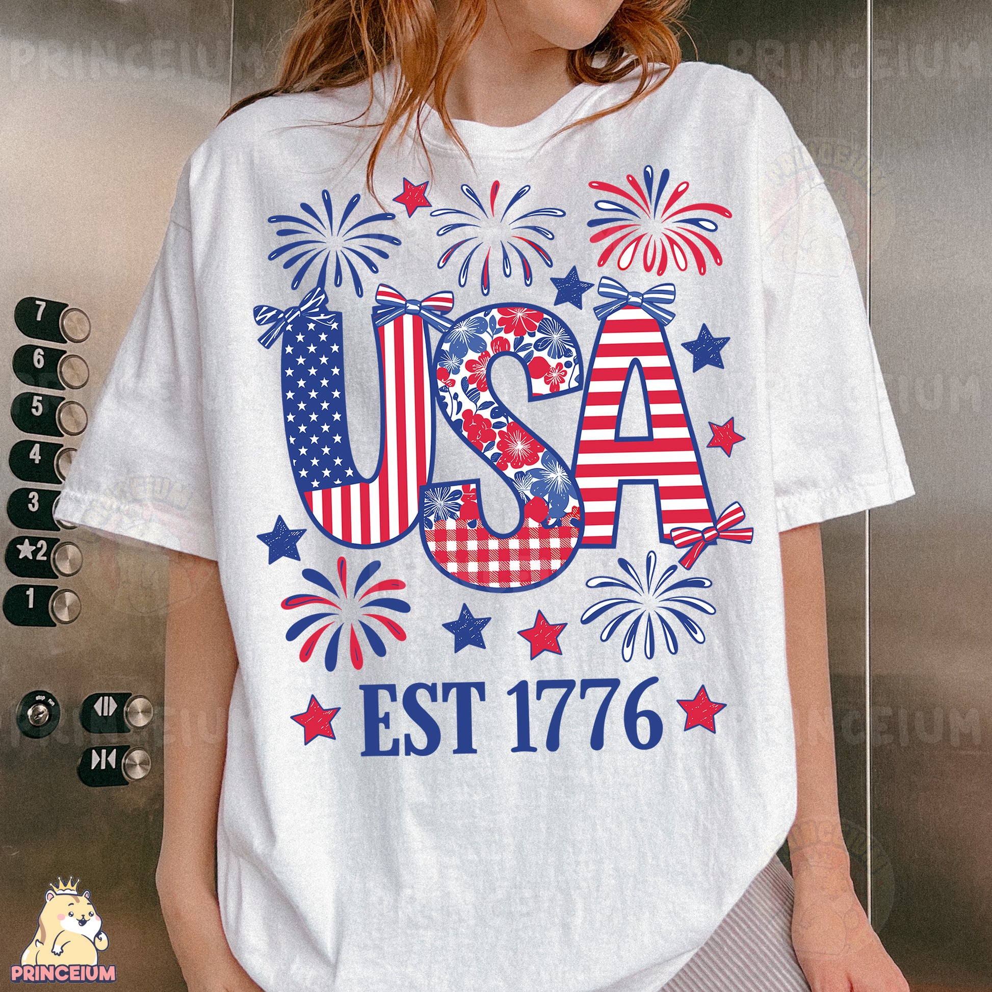 a woman wearing a usa t - shirt with fireworks