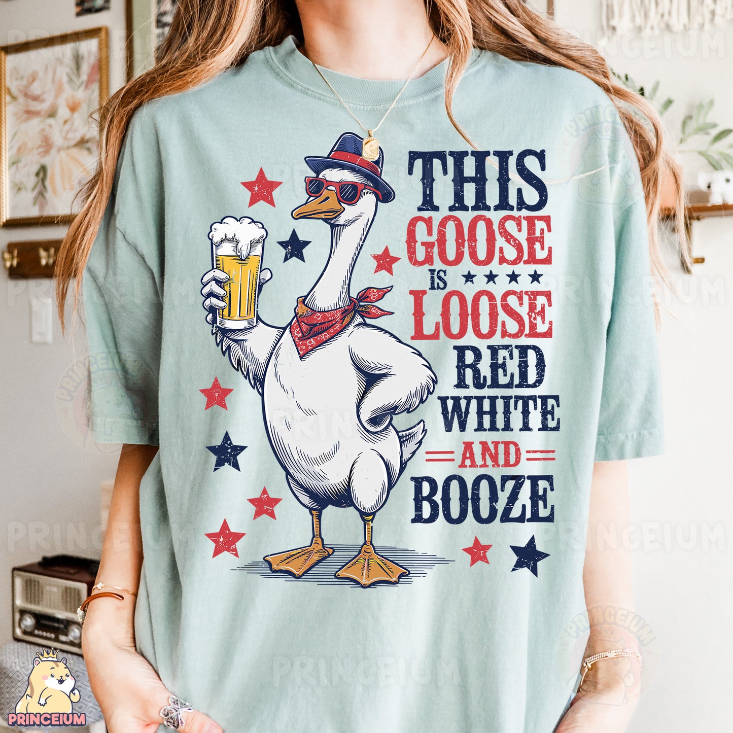 a woman wearing a goose t - shirt with a beer in her hand