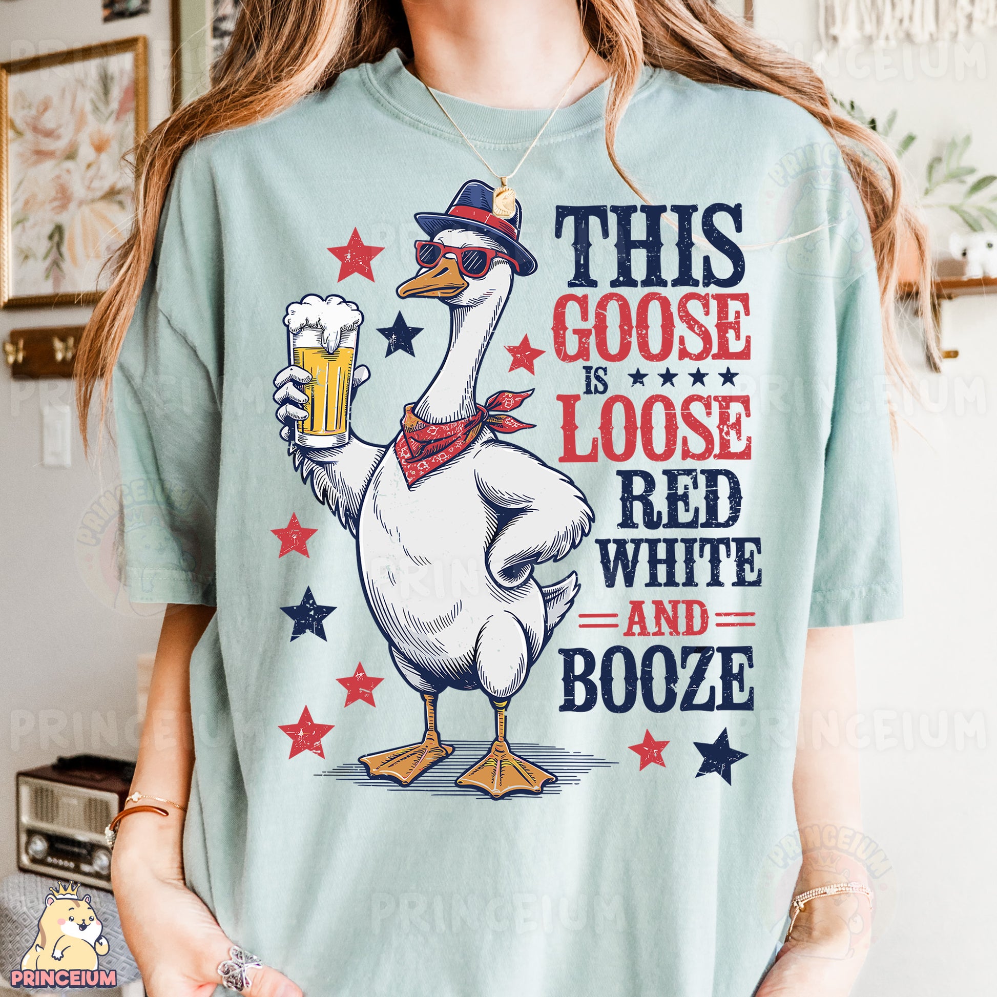 a woman wearing a goose t - shirt with a beer in her hand