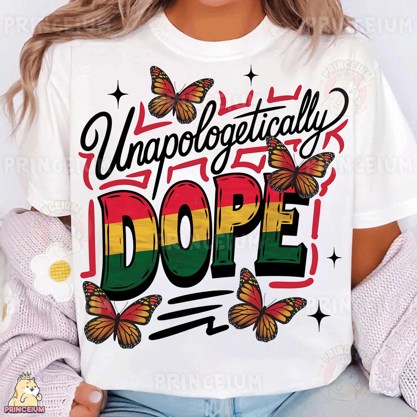 a woman wearing a white t - shirt with a colorful dope on it