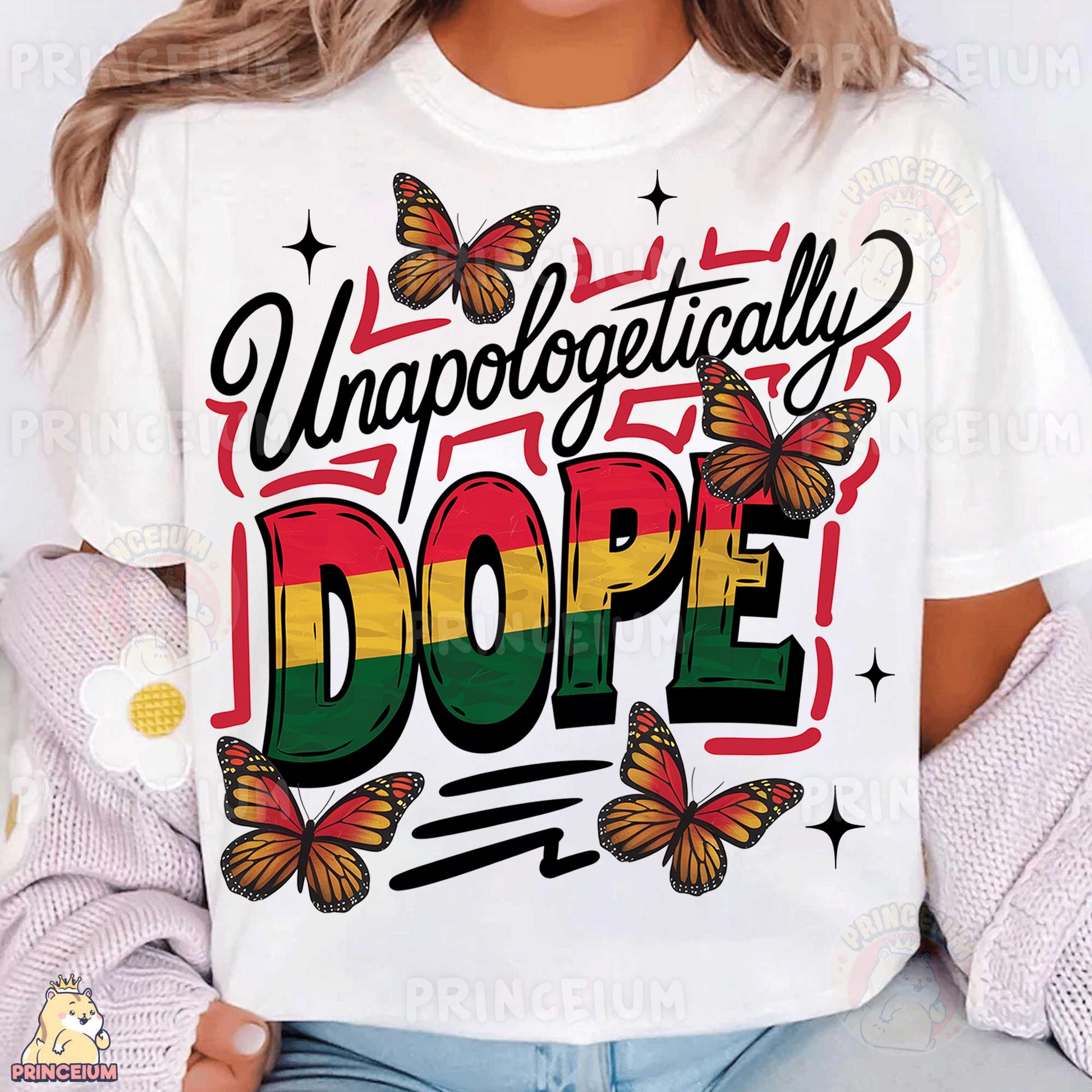 a woman wearing a white t - shirt with a colorful dope on it