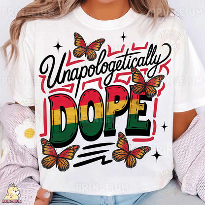a woman wearing a white t - shirt with a colorful dope on it