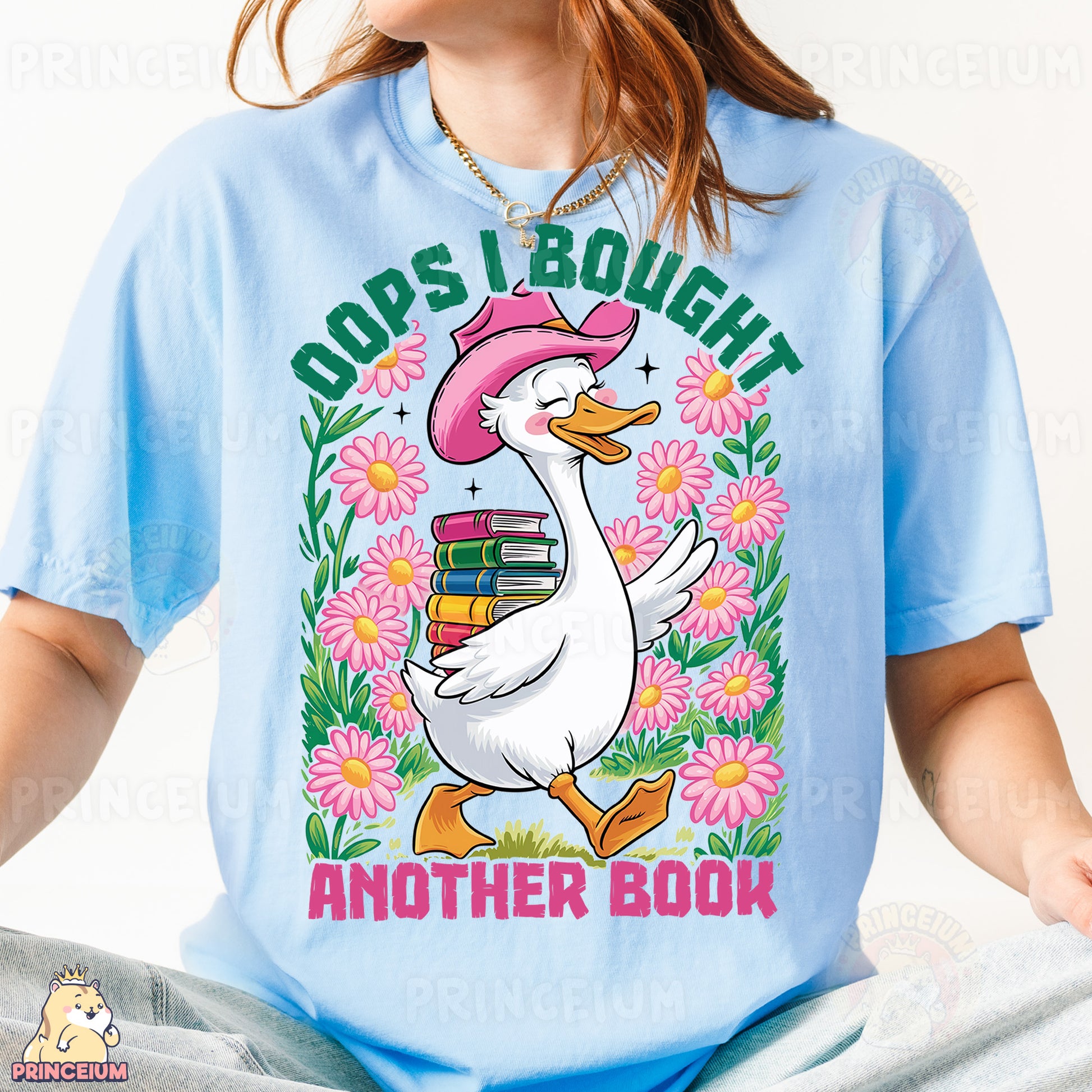 a person wearing a blue shirt with a duck on it