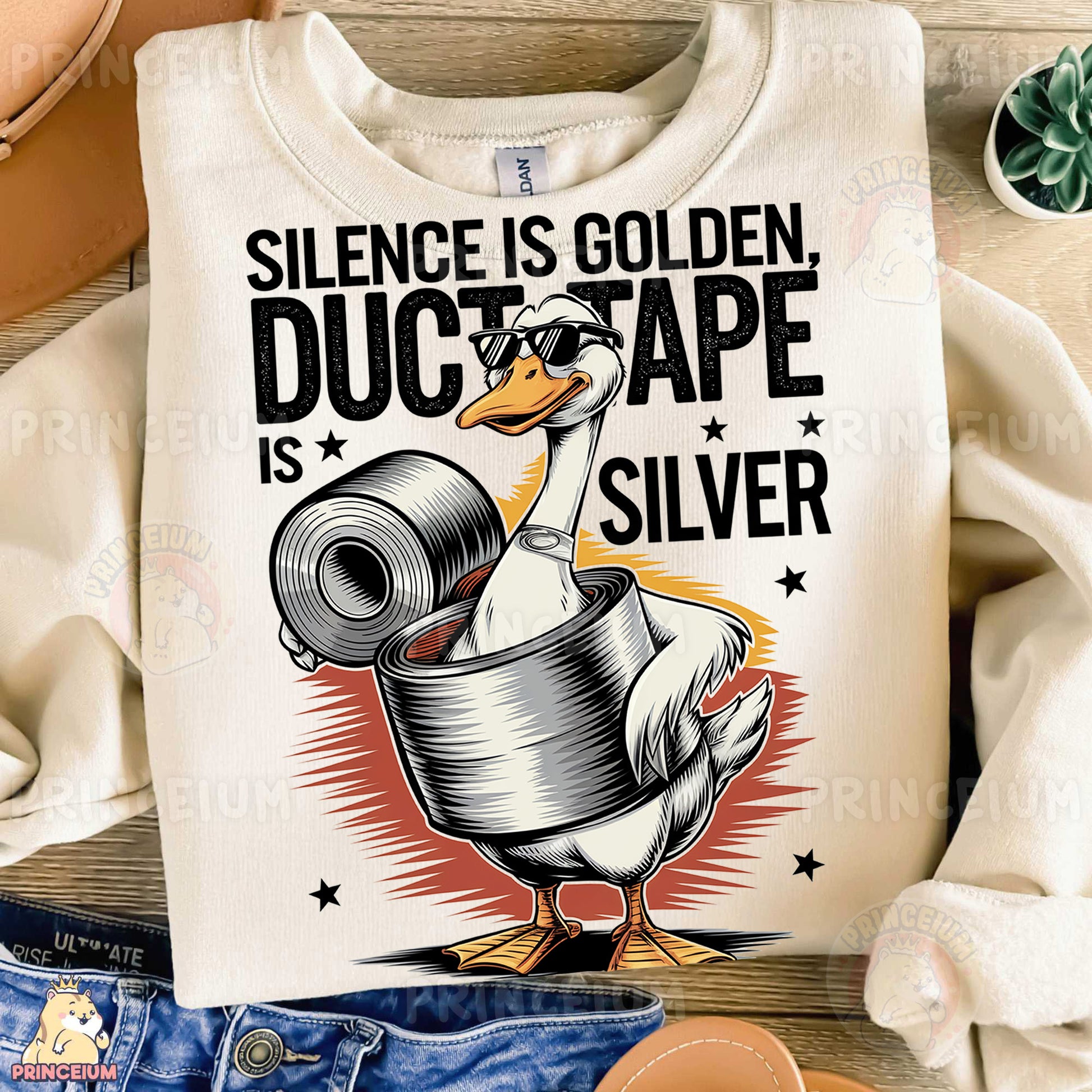 a t - shirt with an image of a duck holding a roll of duct tape