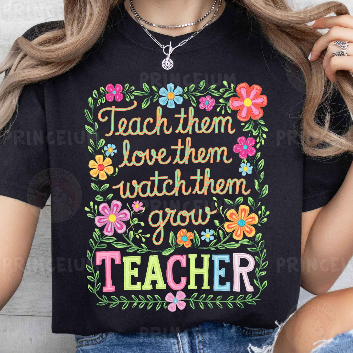 a woman wearing a teacher t - shirt