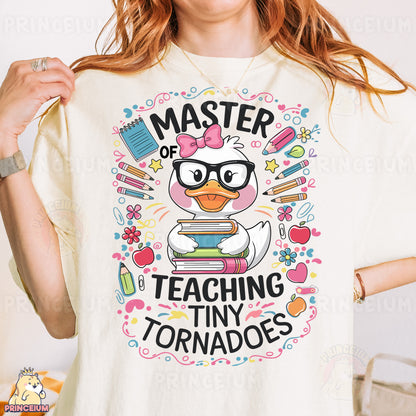 a woman wearing a t - shirt that says, master of teaching tiny tornad