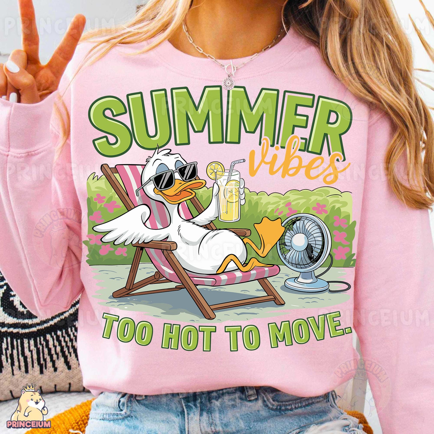 a woman wearing a pink shirt that says summer vibes too hot to move