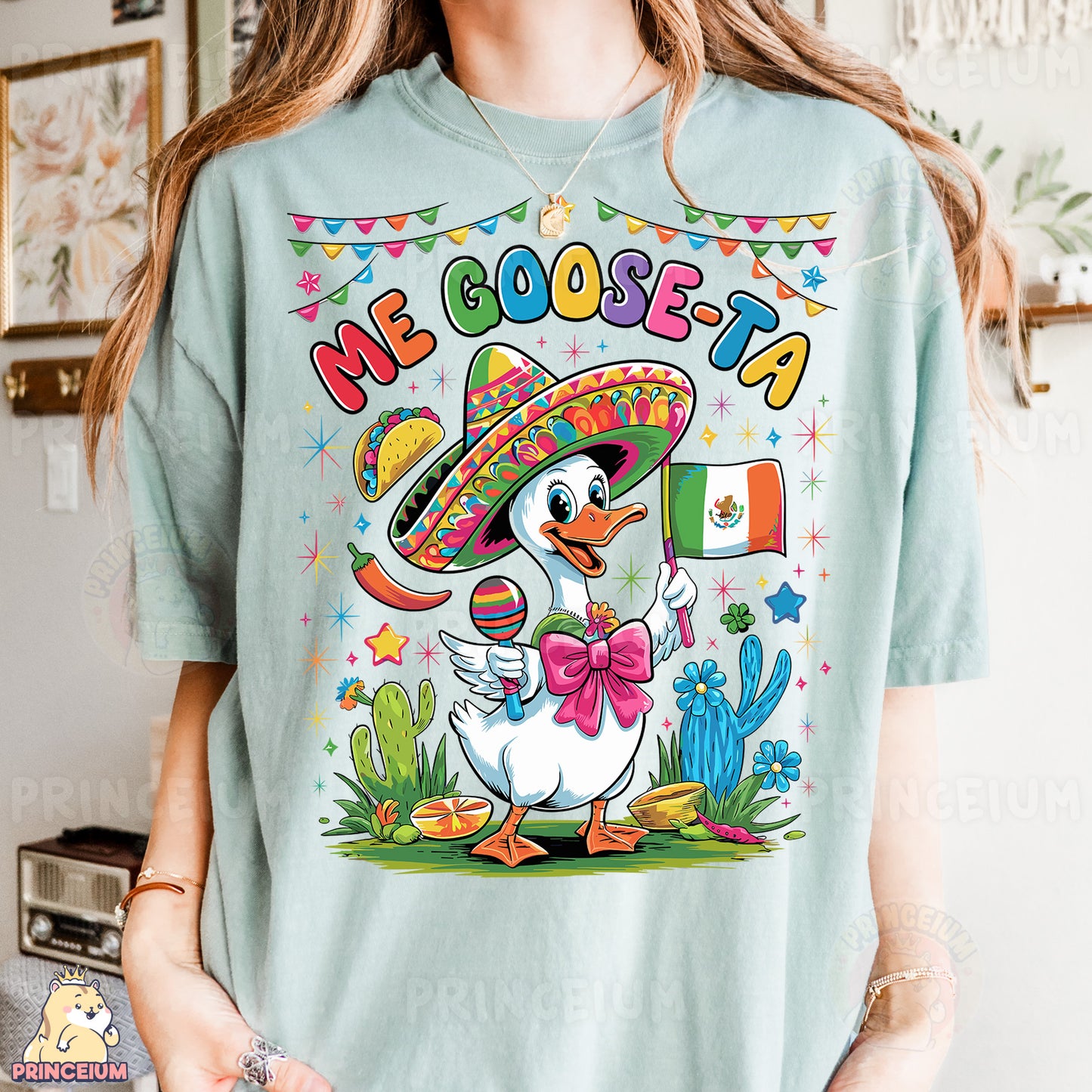 a woman wearing a t - shirt with a duck wearing a sombrero
