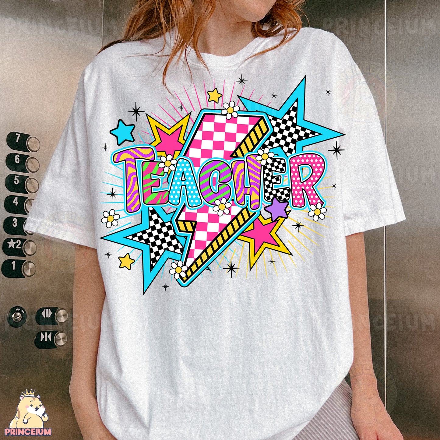 a woman wearing a white tshirt that says teacher