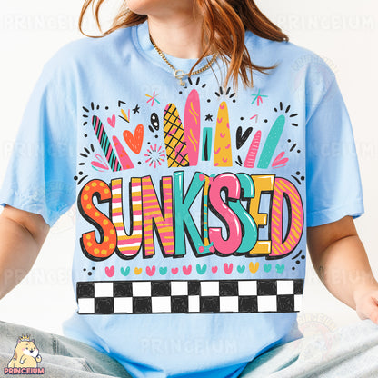 a woman wearing a blue shirt that says sunked