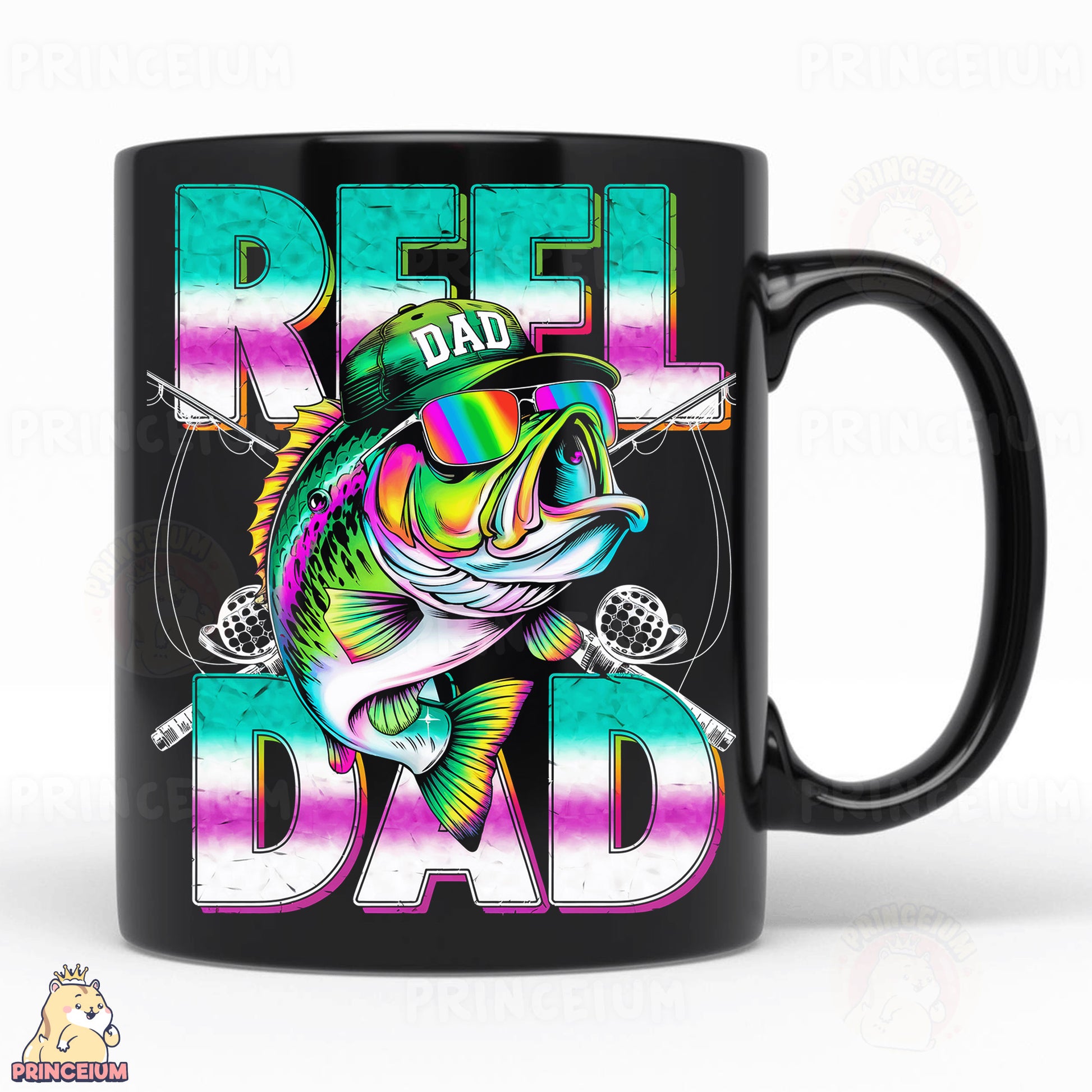 a black coffee mug with a colorful fish on it