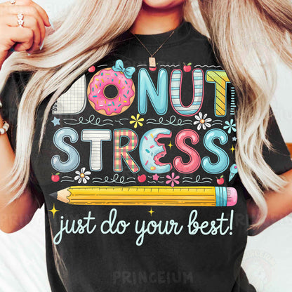 a woman wearing a donut stress t - shirt