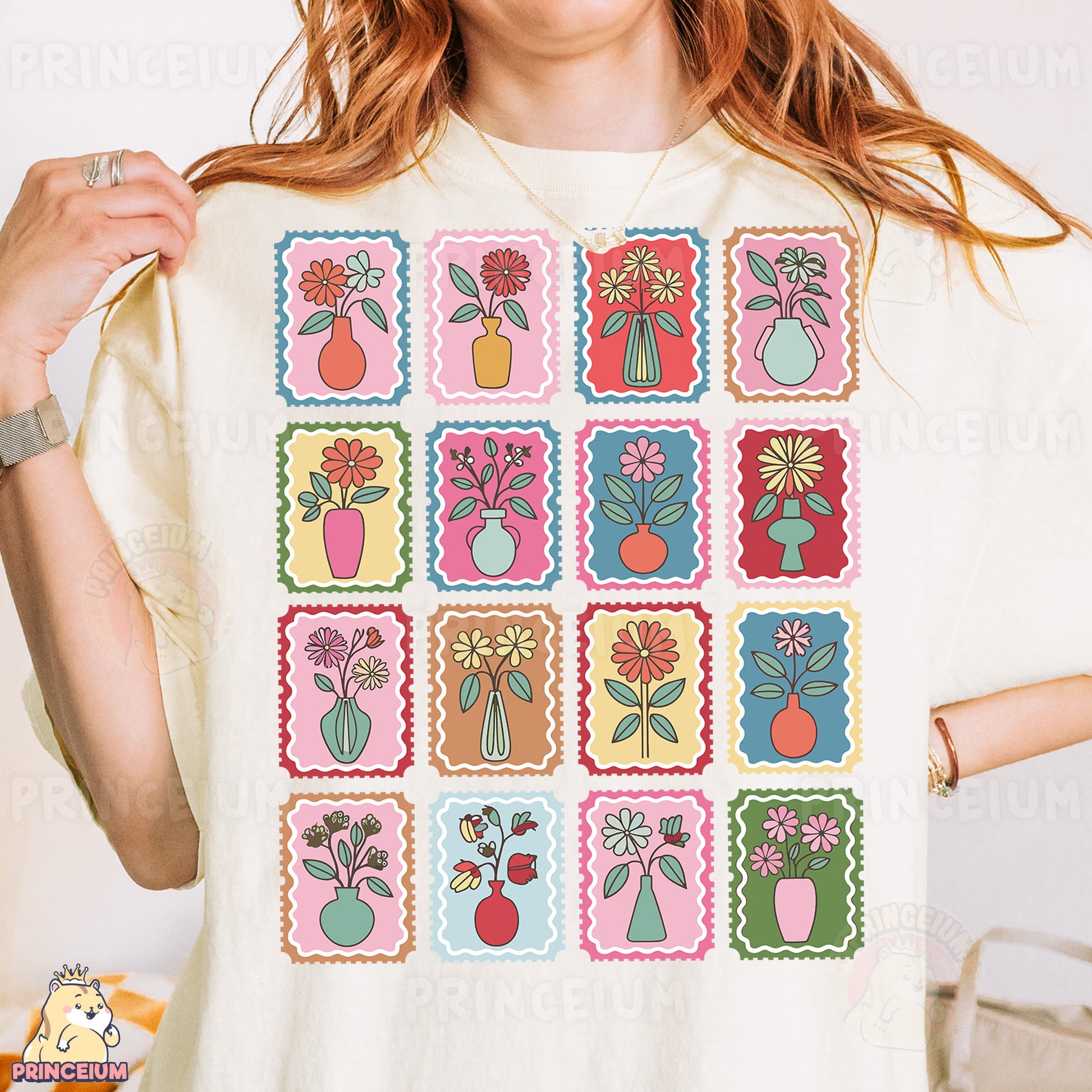 a woman wearing a t - shirt with a bunch of flowers on it