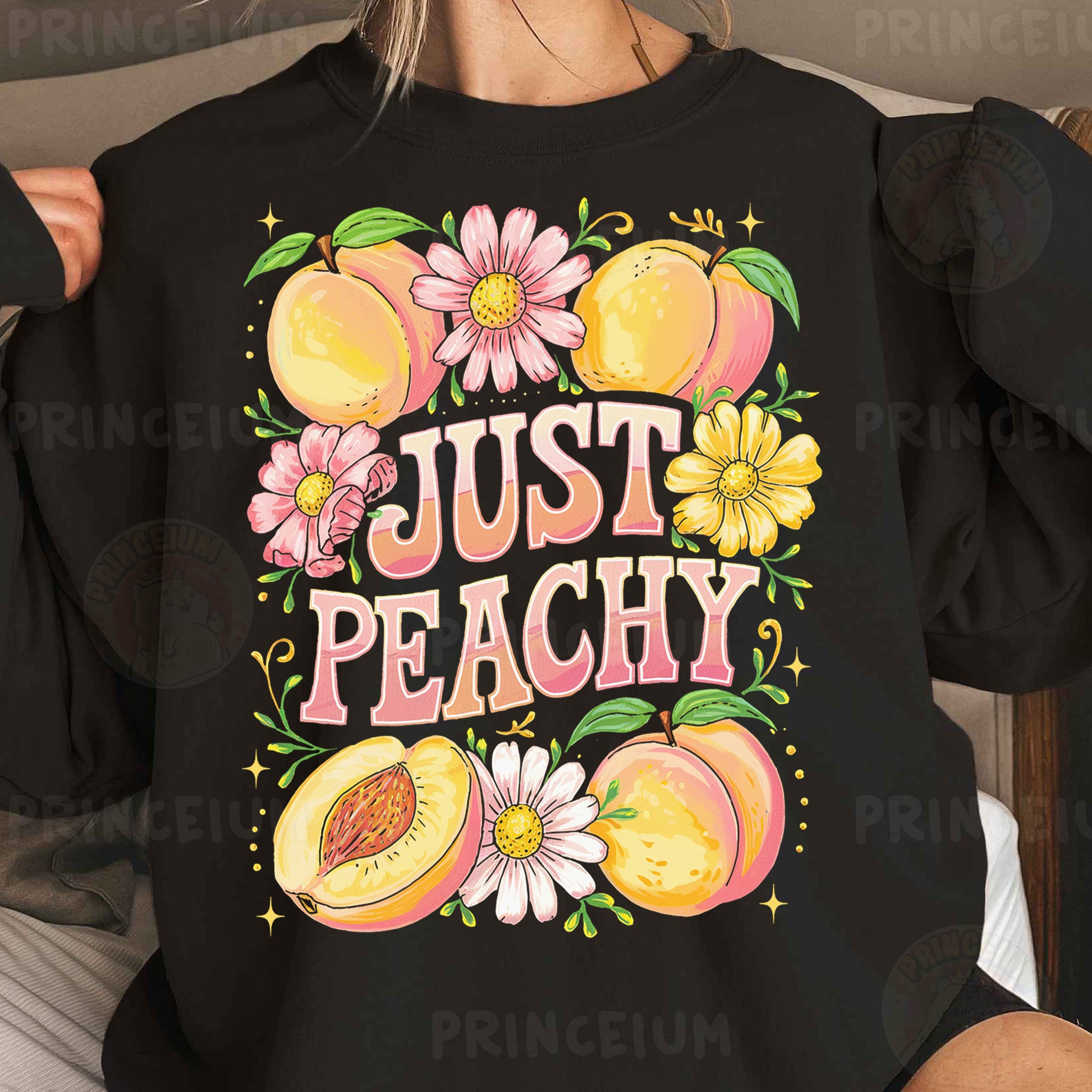 a woman wearing a black shirt that says just peachy