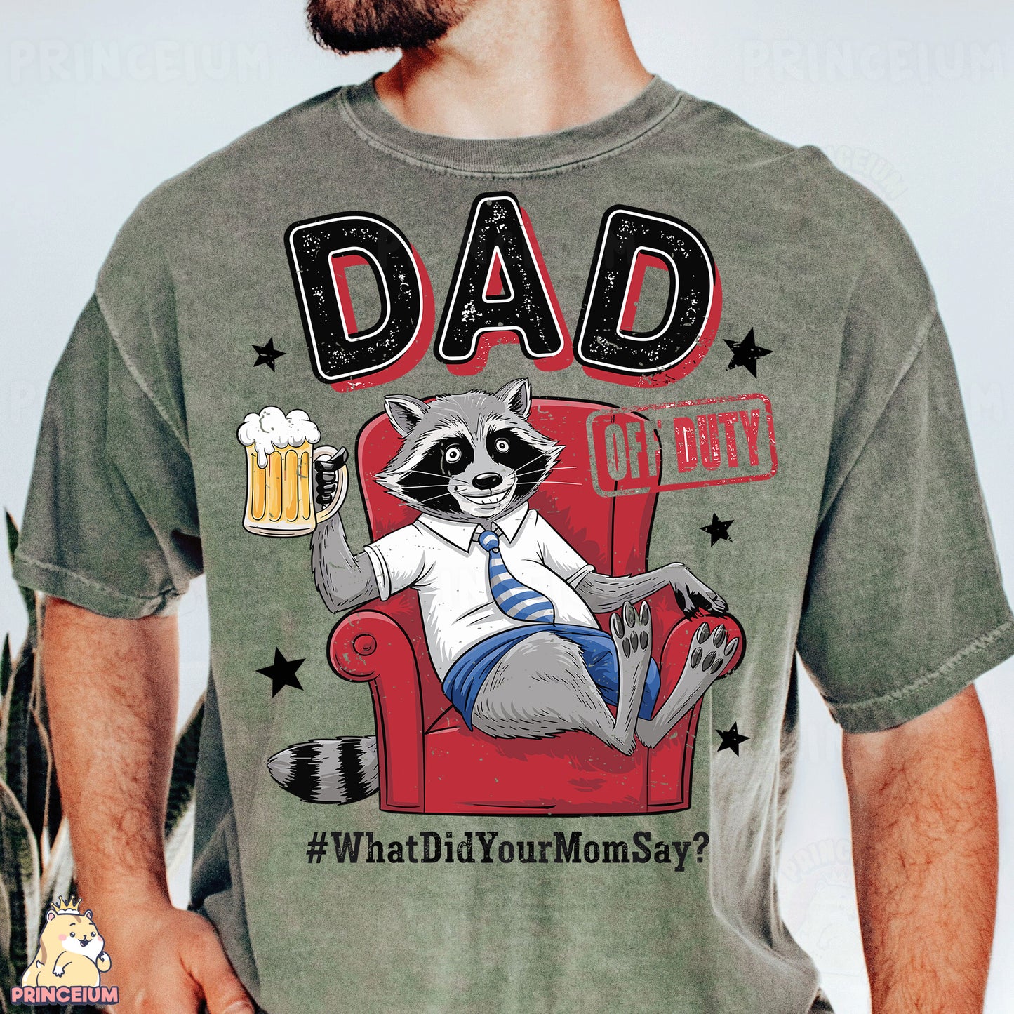 a man wearing a t - shirt with a raccoon on it