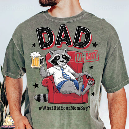 a man wearing a t - shirt with a raccoon on it