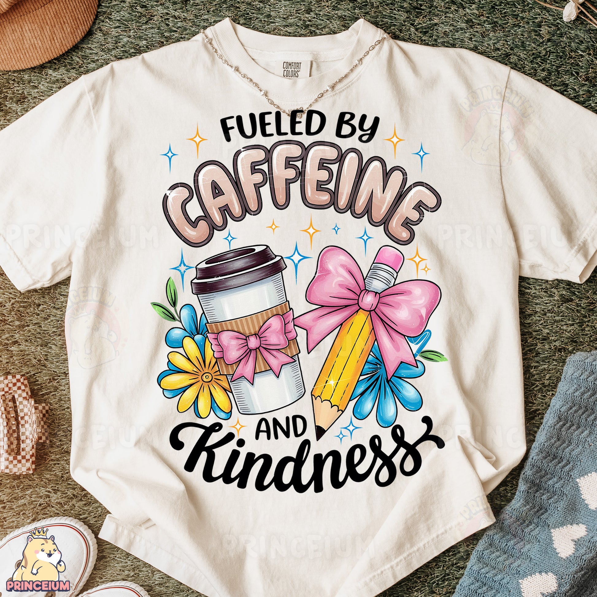 a t - shirt that says fueled by caffeine and kindness