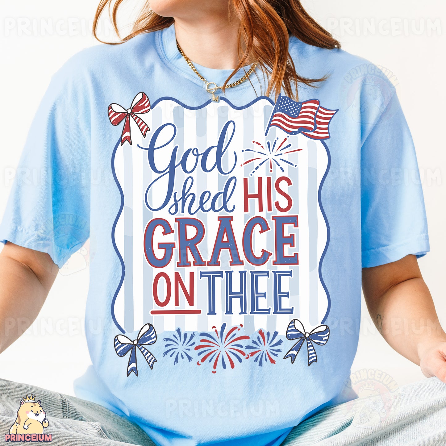 a girl wearing a blue shirt with a patriotic design