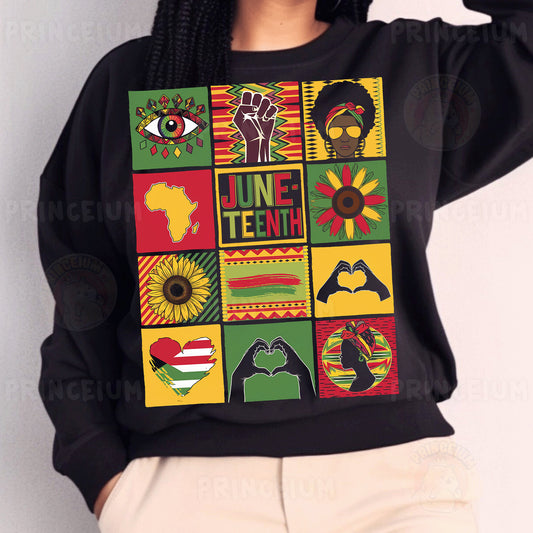 a woman wearing a black sweatshirt with colorful images on it
