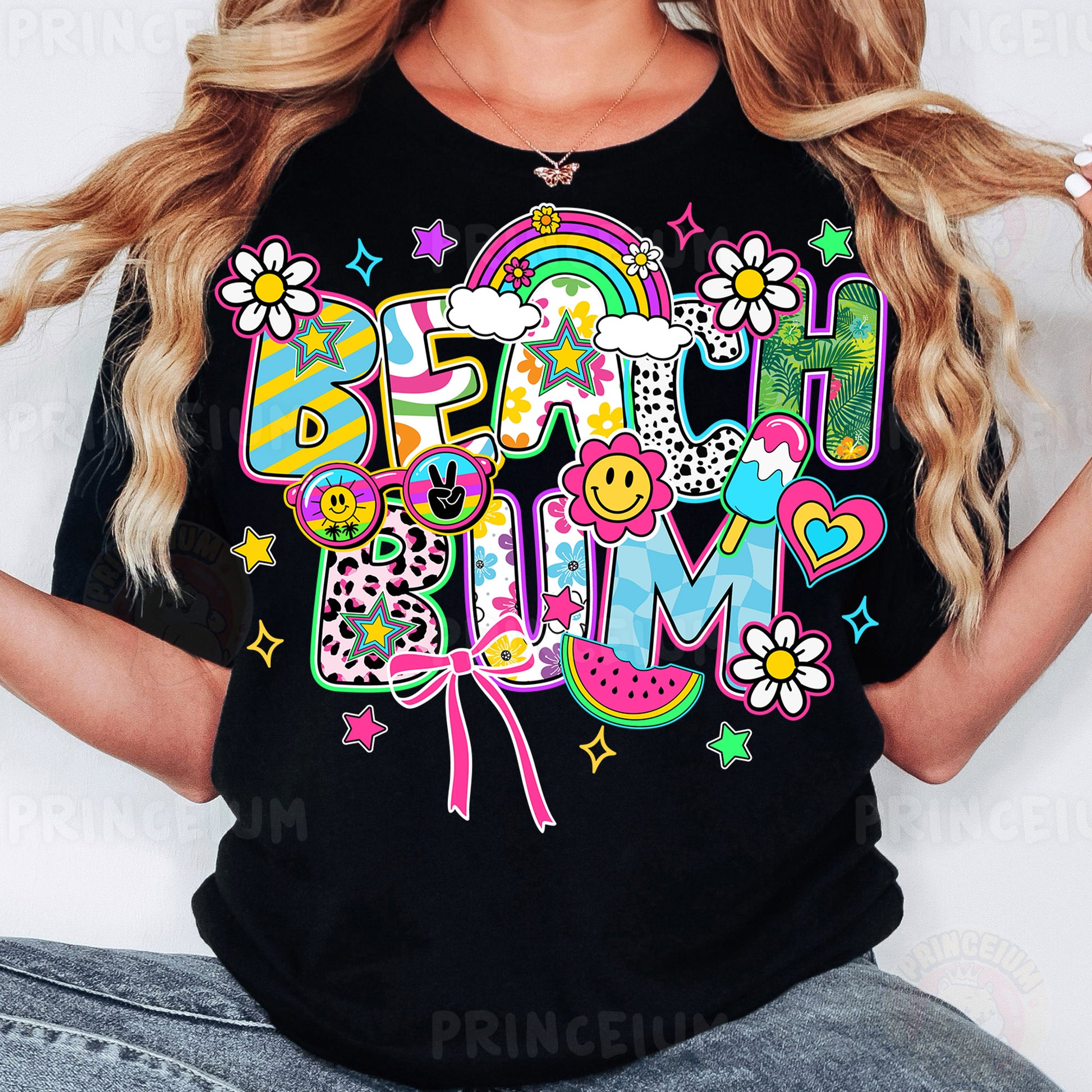 a woman wearing a black t - shirt that says happy mum