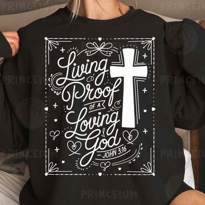 a woman wearing a black sweatshirt with a cross on it