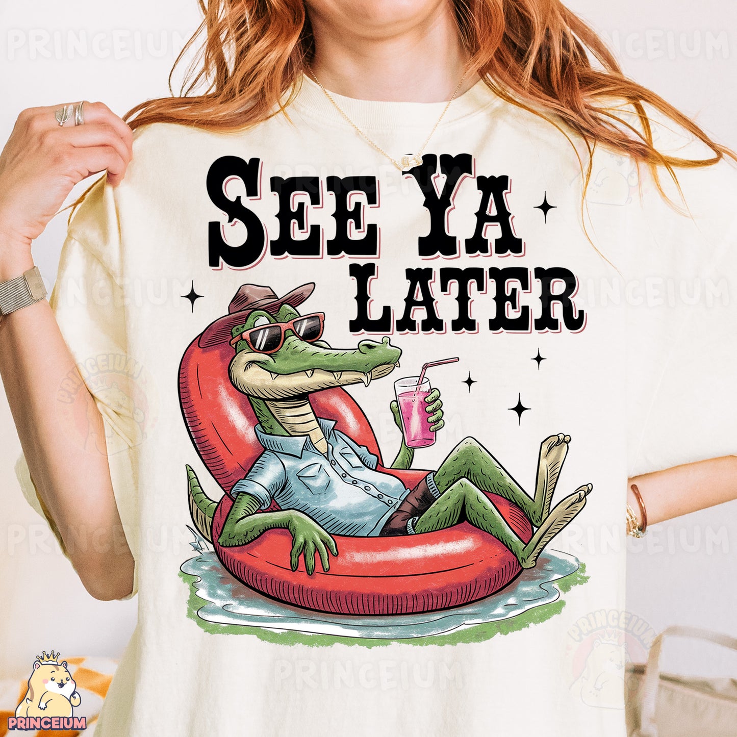a woman wearing a t - shirt that says see ya later