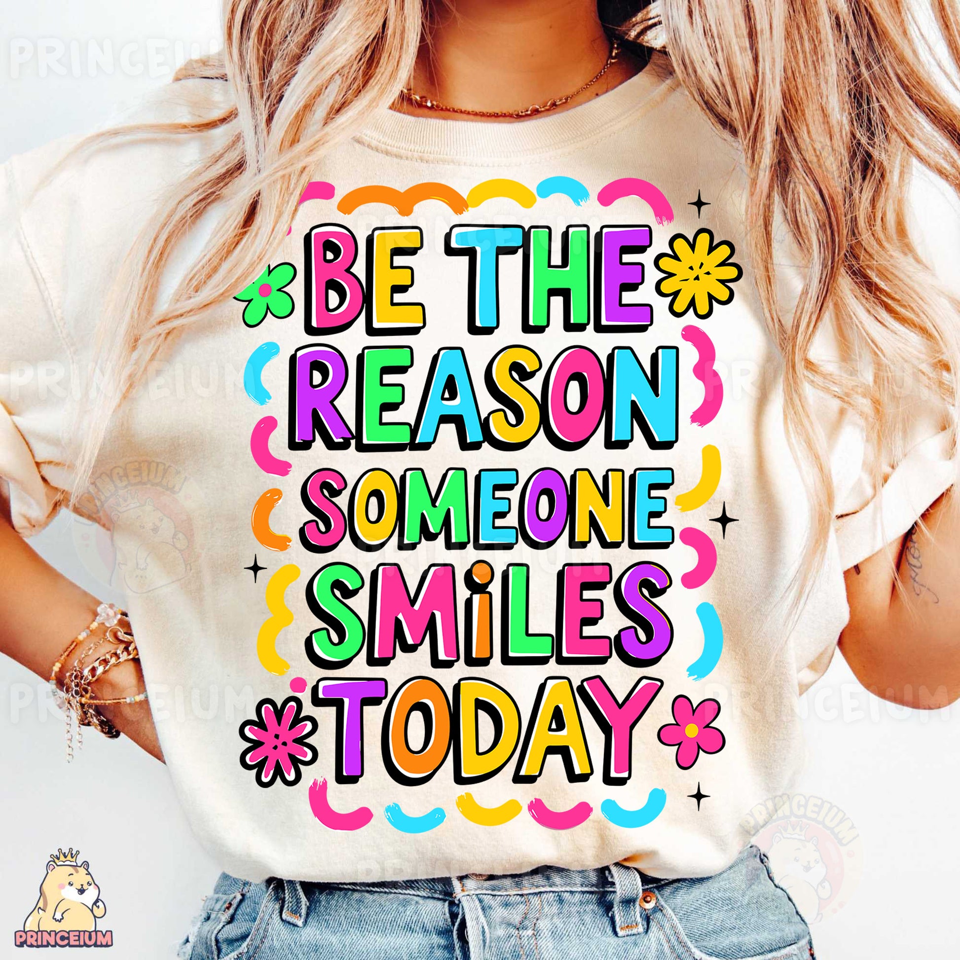 a woman wearing a t - shirt that says be the reason someone smiles today
