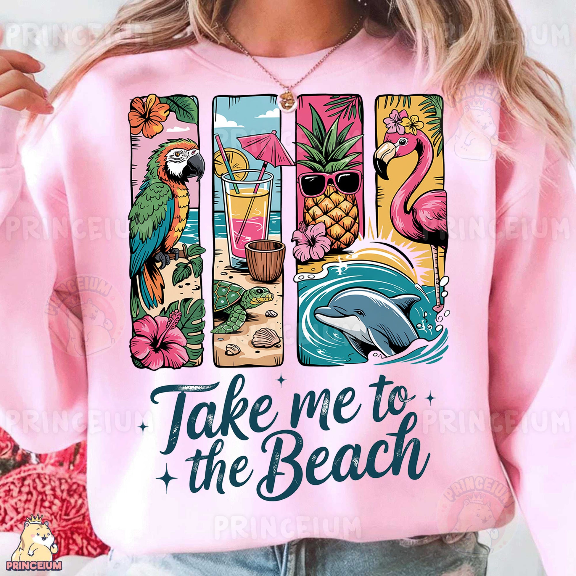 a woman wearing a pink shirt that says take me to the beach