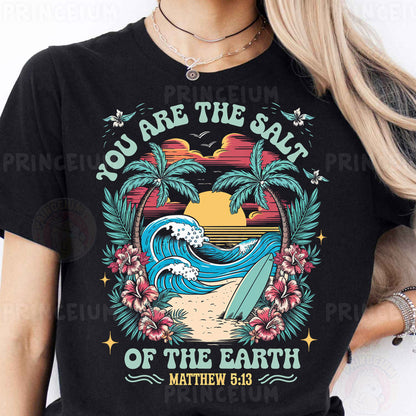 a woman wearing a black shirt with a surfboard and palm trees
