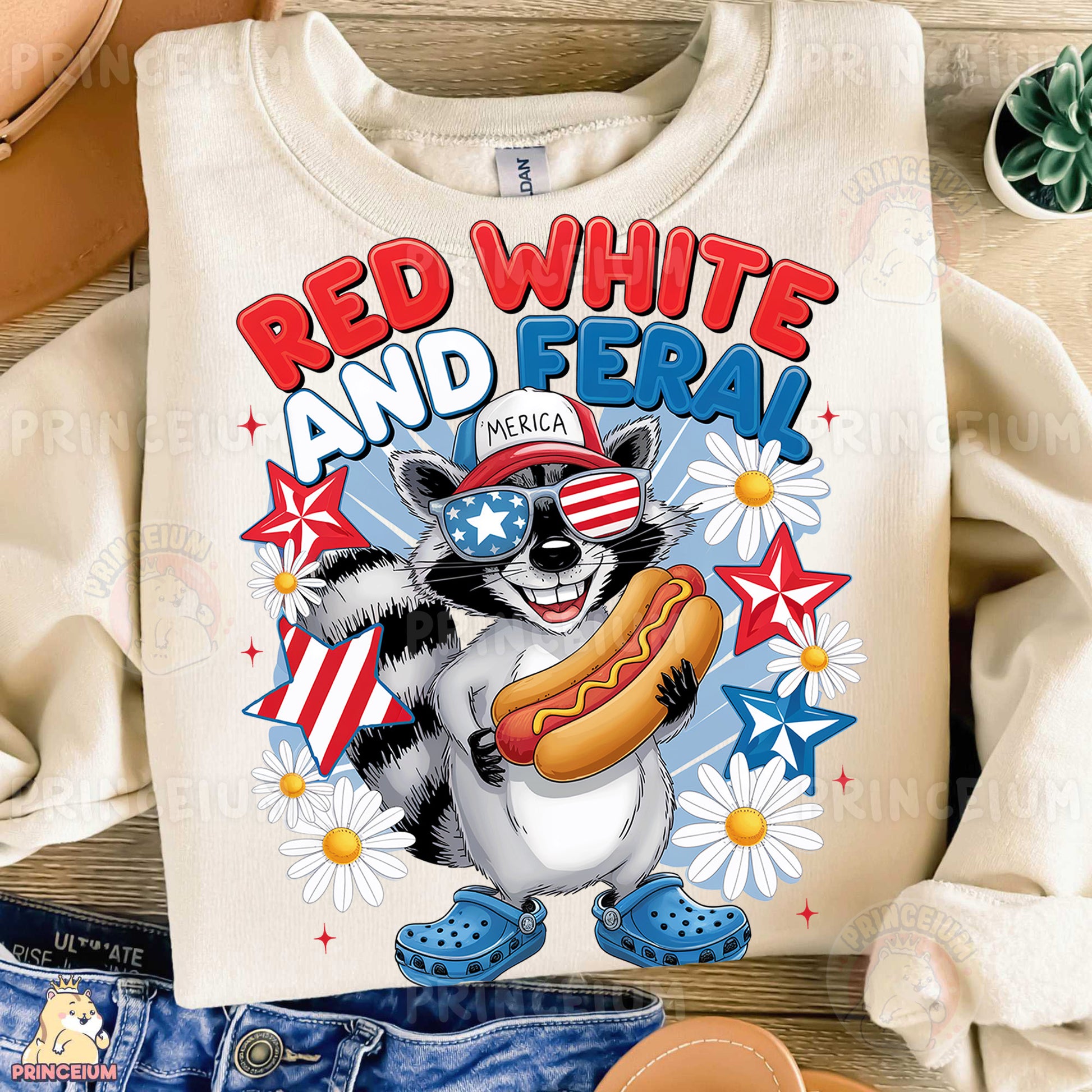 a white shirt with a raccoon eating a hot dog