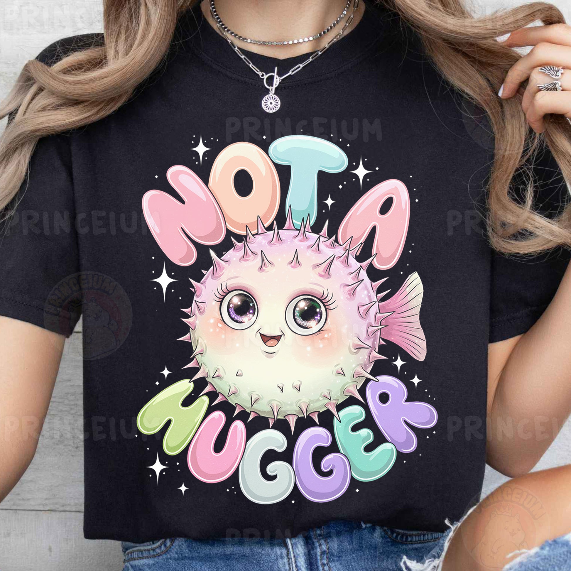 a woman wearing a black t - shirt with a puffy puffy puffy