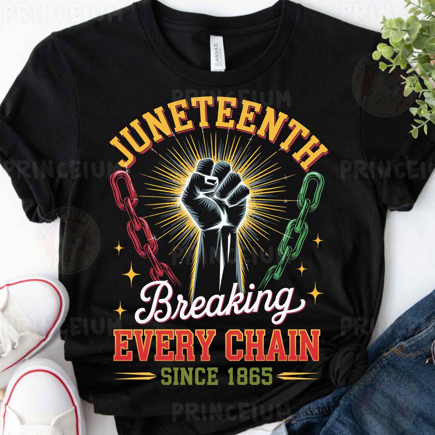 a black t - shirt with the words juneteeth breaking every chain since 1965