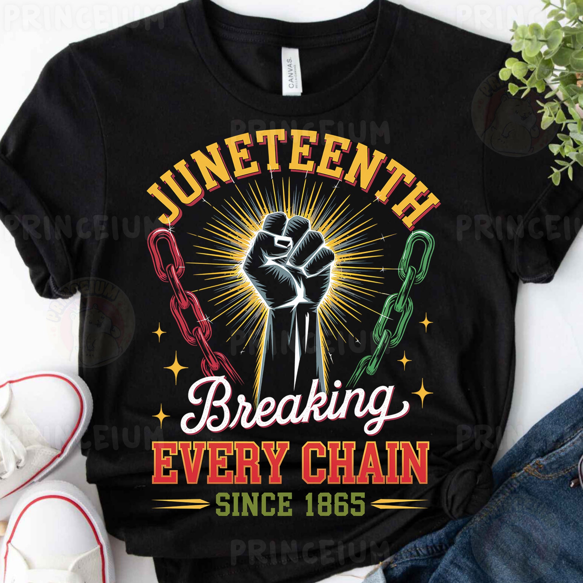 a black t - shirt with the words juneteeth breaking every chain since 1965
