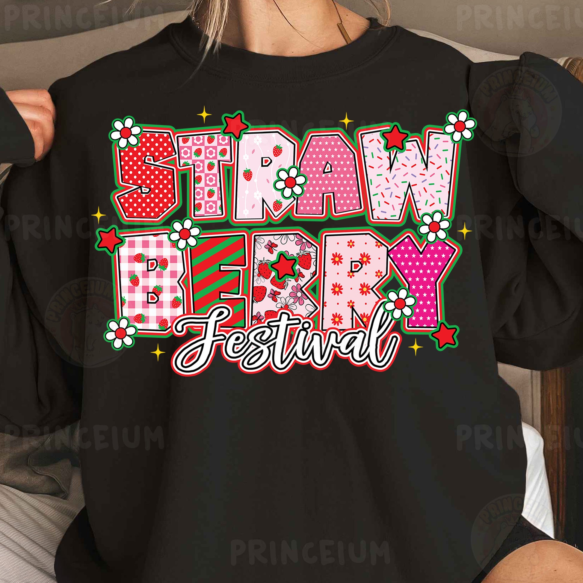 a woman wearing a black t - shirt that says shaw merry festival