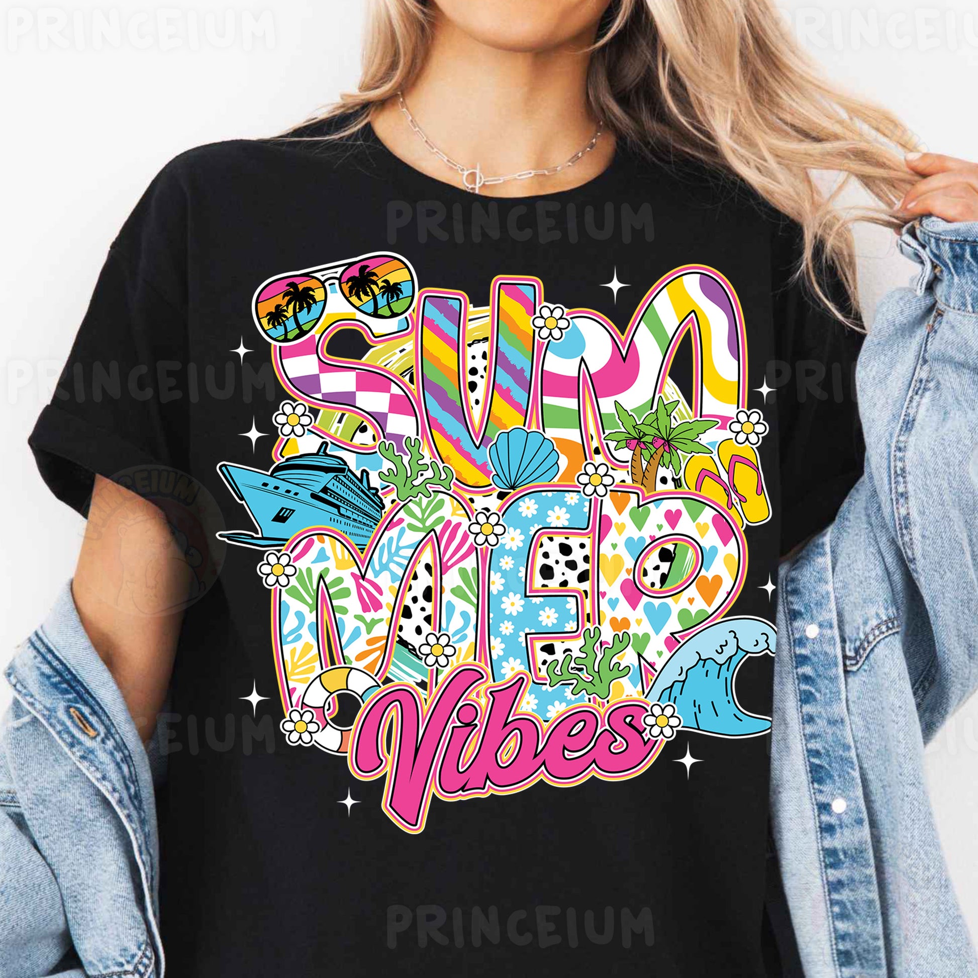 a woman wearing a black shirt that says summer vibes