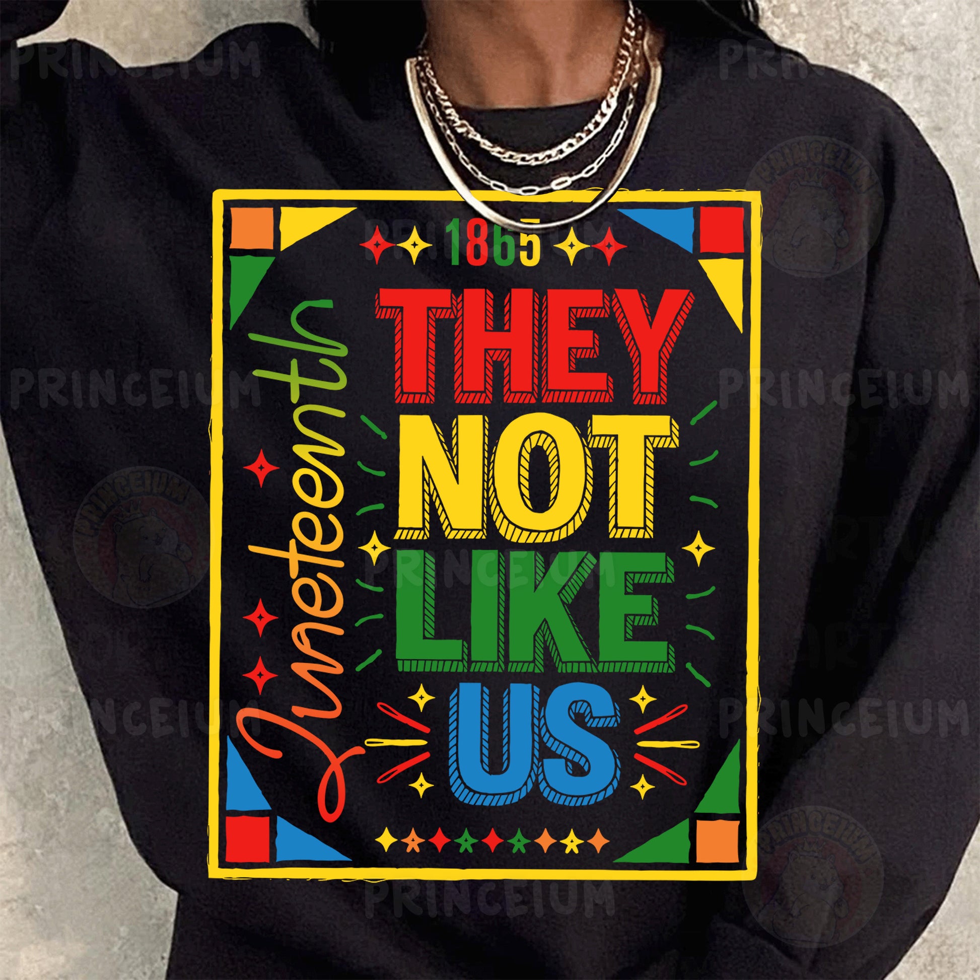a woman wearing a black sweatshirt with the words they not like us printed on it