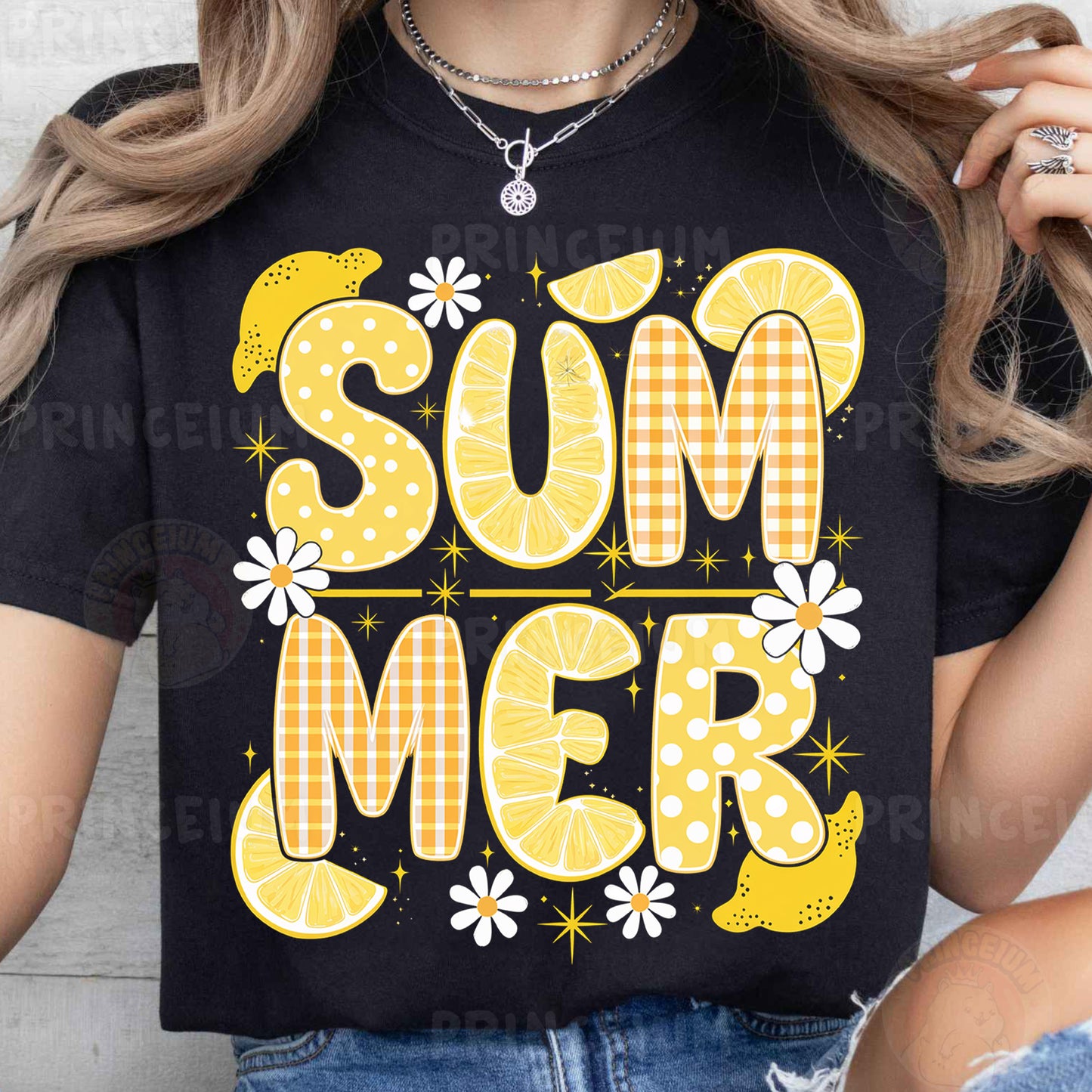 a woman wearing a black shirt that says summer