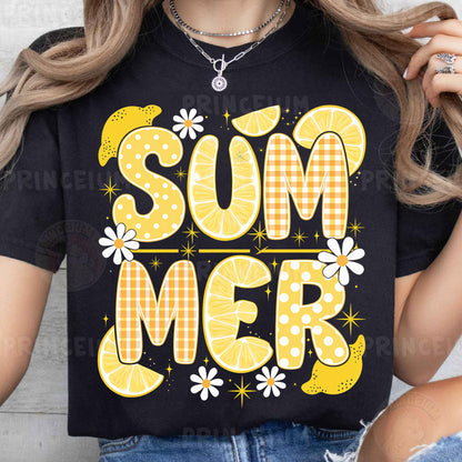 a woman wearing a black shirt that says summer