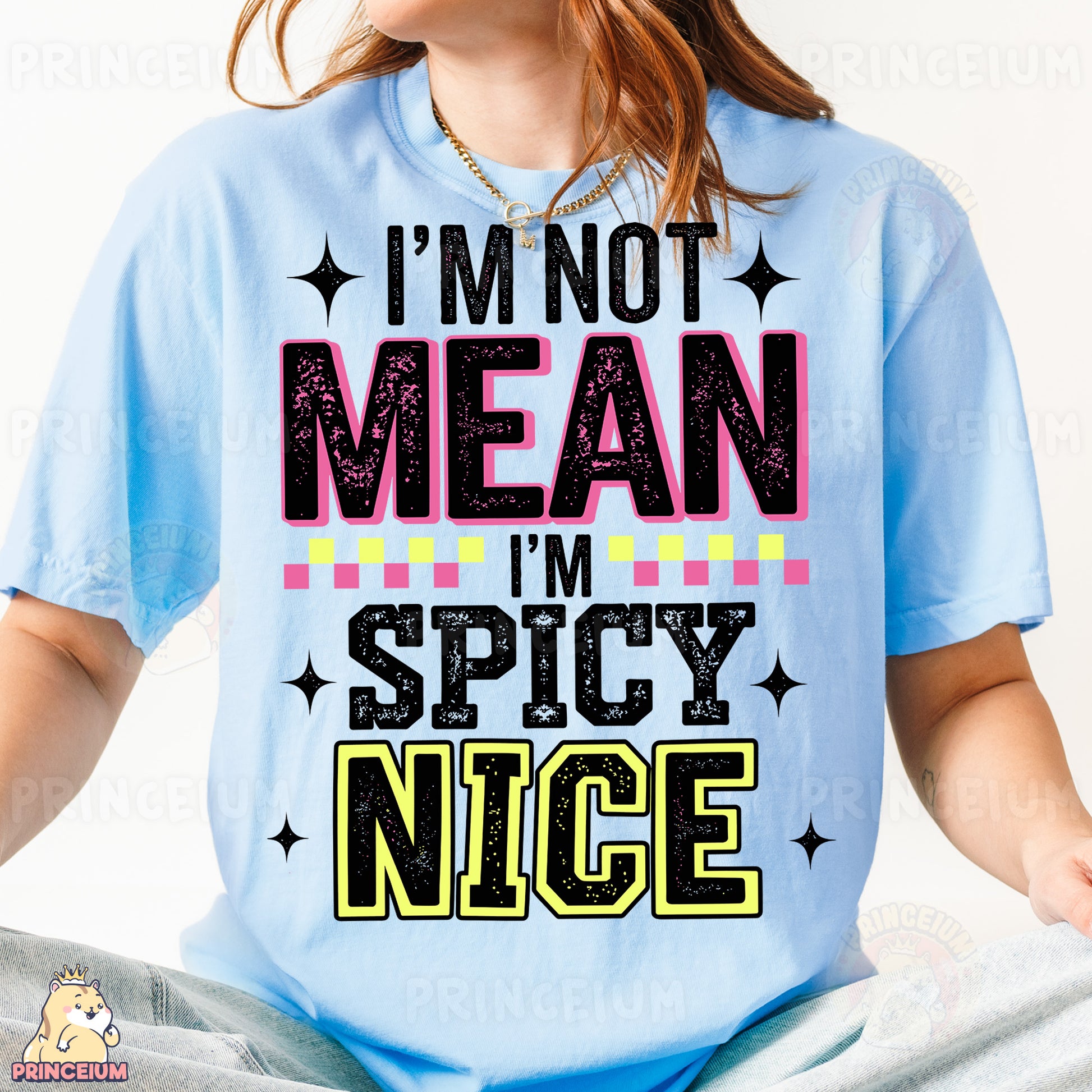 a woman wearing a t - shirt that says i'm not mean i '