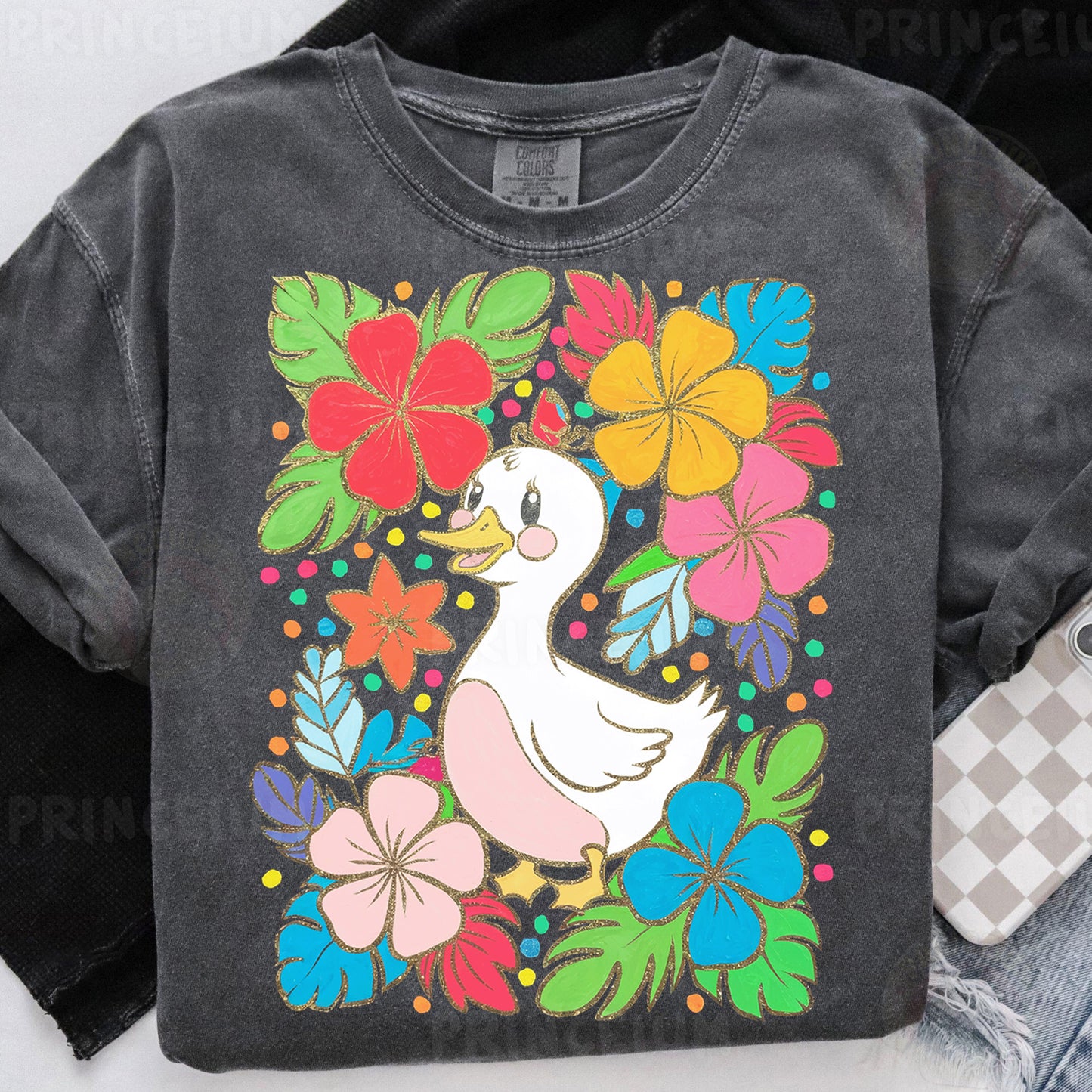 a t - shirt with a duck and flowers on it