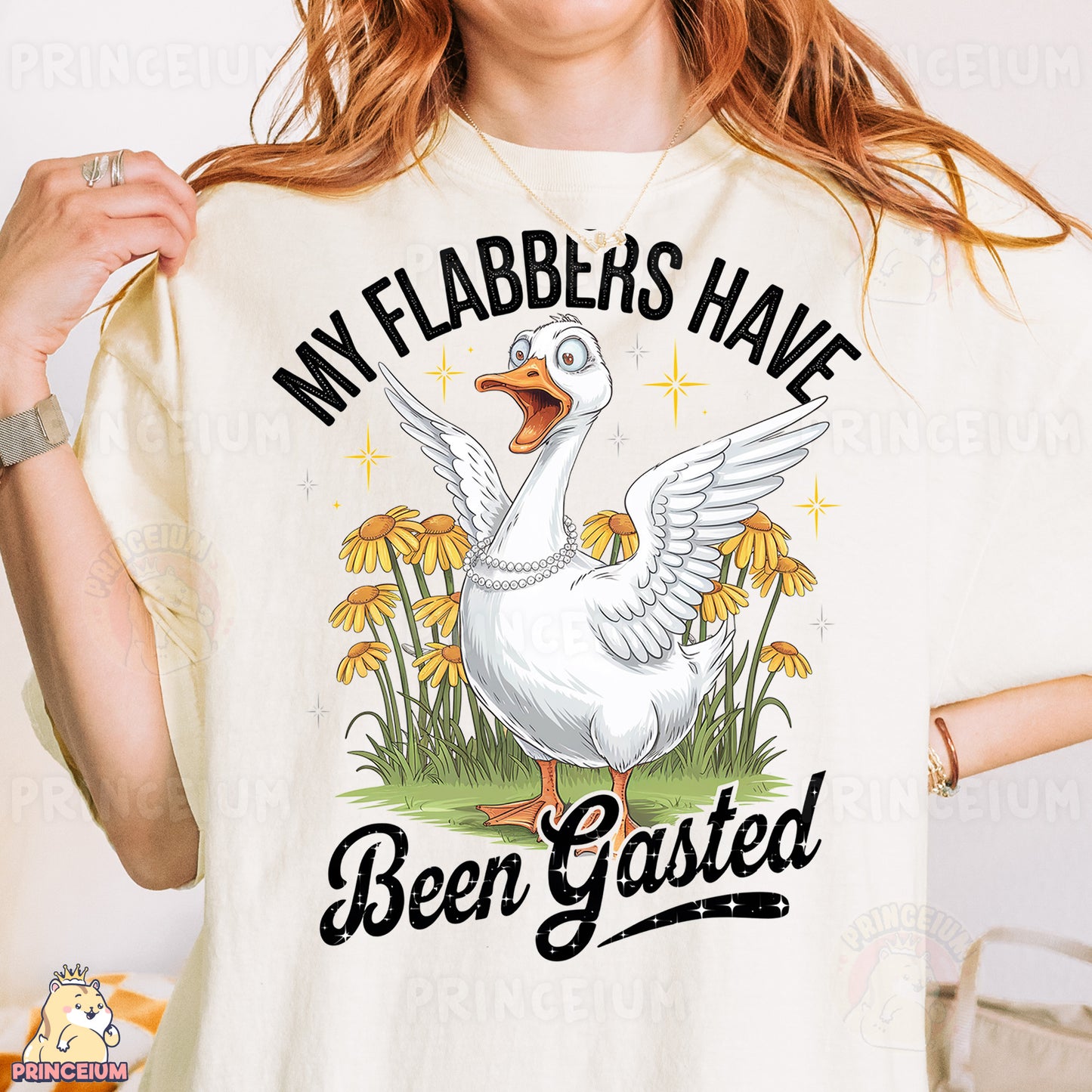 a woman wearing a t - shirt with a goose on it