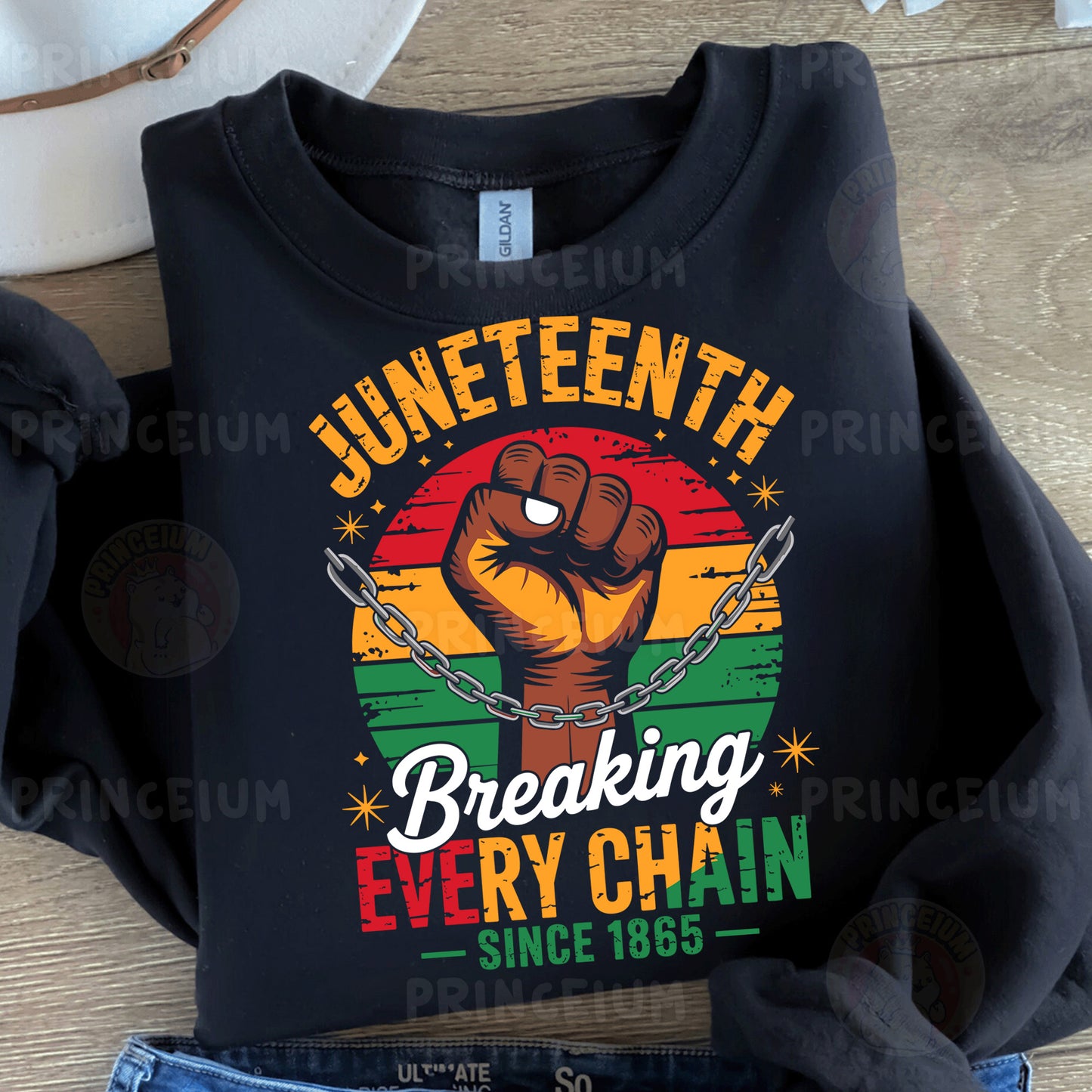 a black t - shirt with the words juneteeth breaking every chain since 1965
